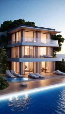 Modern villa with pool at dusk