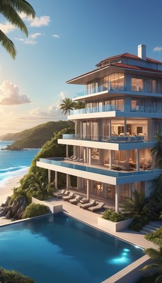 Modern villa on tropical beach at sunset