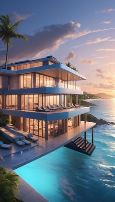 Modern oceanfront villa at sunset
