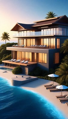 Modern beach house at sunset