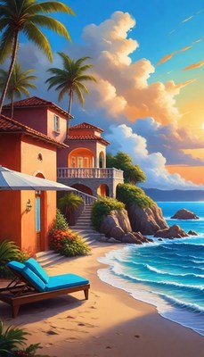 Beachfront villa at sunset