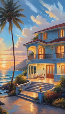 Coastal home at sunset