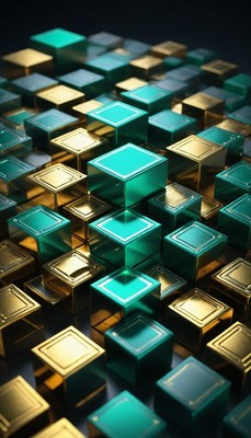 Teal and gold cubes abstract pattern