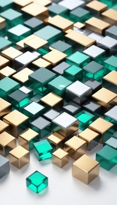 Abstract gold, green, and silver cubes