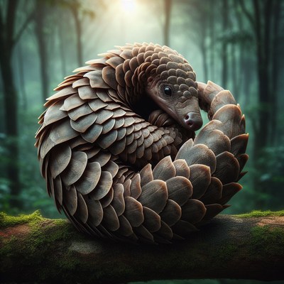 Pangolin curled on branch in forest