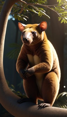 Cuscus sitting on branch in forest