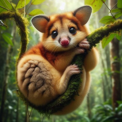 Cute possum hanging on branch