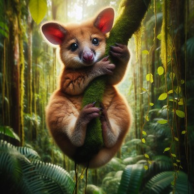 Koala hanging on branch in rainforest