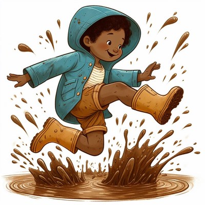 Child jumping in mud puddle