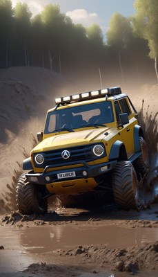Yellow off-road vehicle driving through mud