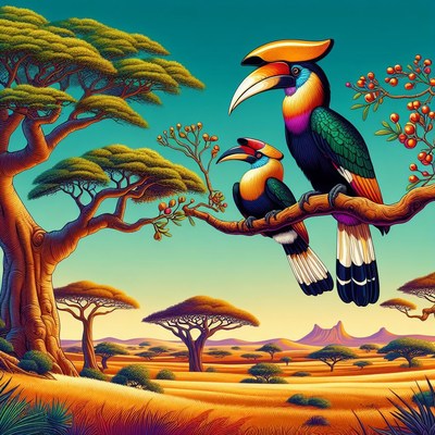 Hornbills perched in african savanna