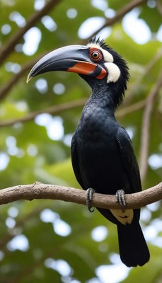 Black-and-white casqued hornbill perched on branch