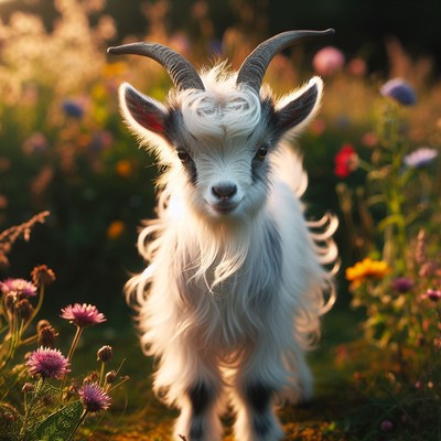 Young goat in a field of flowers