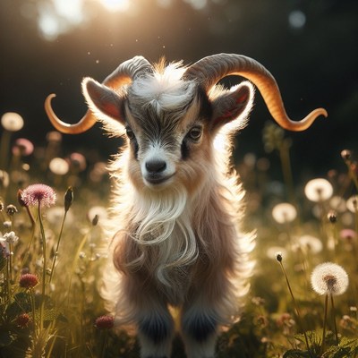 Young goat in a field at sunset