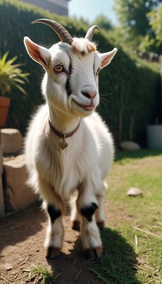 White goat standing in a garden