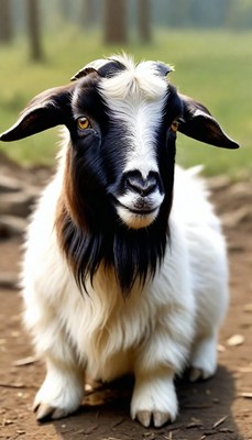 Black and white goat sitting on ground