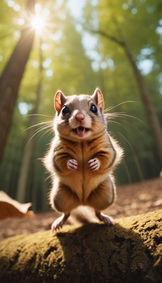 Squirrel smiles in forest sunlight