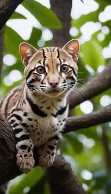 Ocelot perched on tree branch
