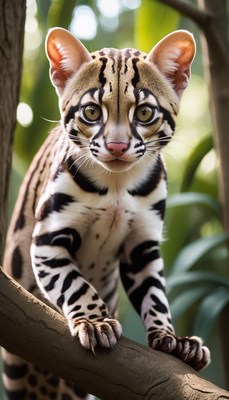 Ocelot on tree branch in green forest