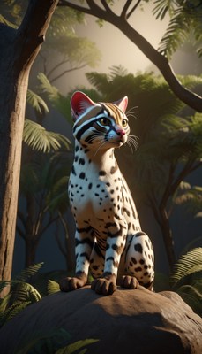 Leopard cat sitting on rock in forest