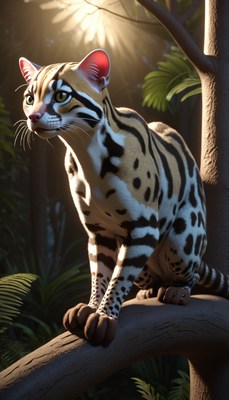 Ocelot on branch at night