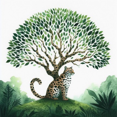 Ocelot under a green tree