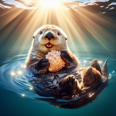 Sea otter enjoying a shell in sunlight