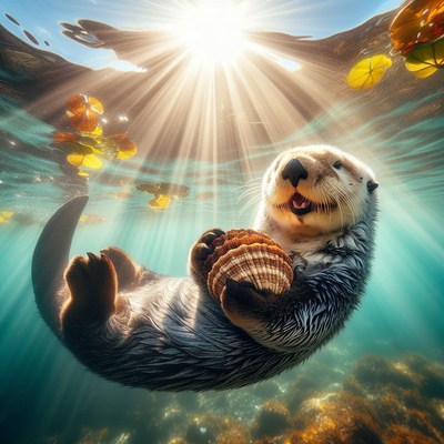 Sea otter holding shell underwater