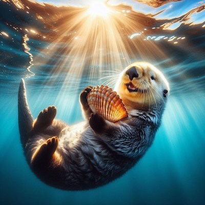 Sea otter holding shell underwater