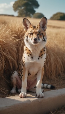 Serval cat sitting in wheat field