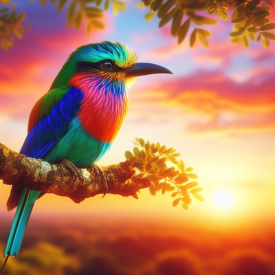 Colorful bird perched on branch at sunset