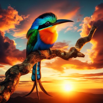 Bird perched on branch at sunset