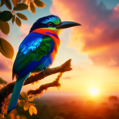 Colorful bird perched on branch at sunset