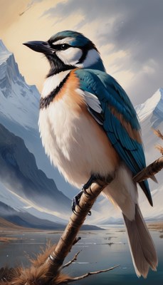 Blue jay perched on branch in snowy mountains