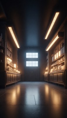 Dark hallway with window and shelving