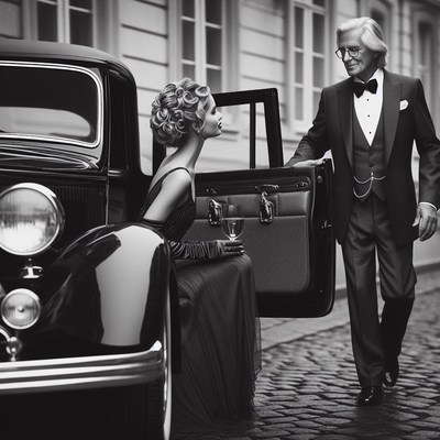Woman entering vintage car