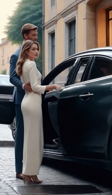 Couple enters car on city street