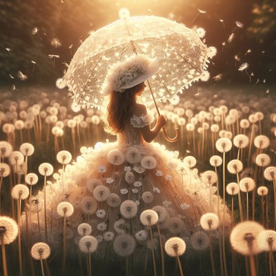 Girl in dandelion field with umbrella