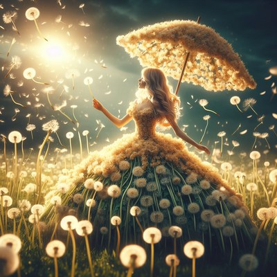 Woman in dandelion dress blows seeds