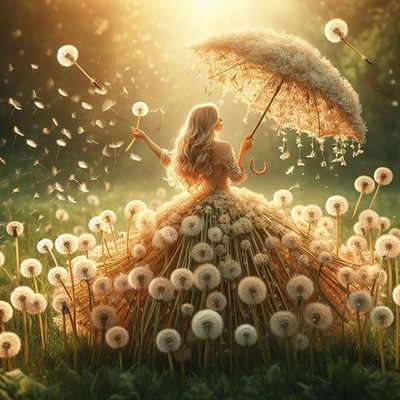 Woman in dandelion dress with umbrella