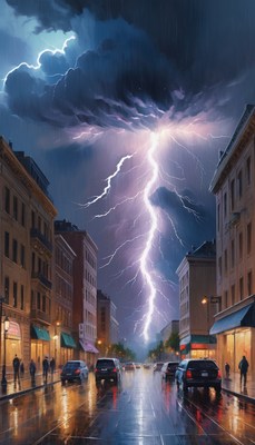 City street during lightning storm