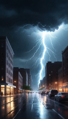 Lightning strike over city street