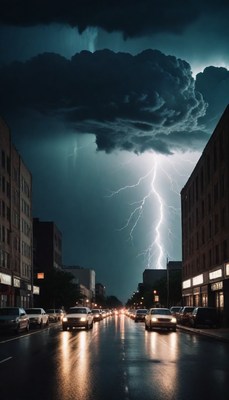 City street during lightning storm
