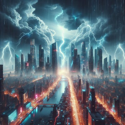 Cityscape under thunderstorm