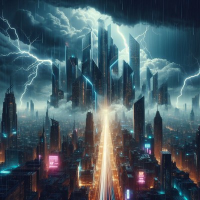 Futuristic cityscape under stormy sky