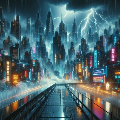 Futuristic cityscape with rain and lightning