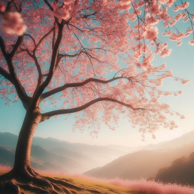 Cherry blossom tree in mountain landscape