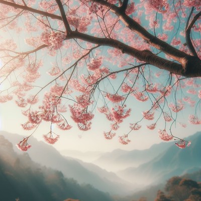 Cherry blossoms over mountains