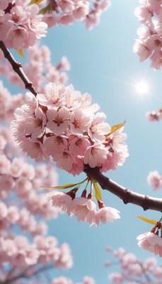 Pink cherry blossoms against blue sky