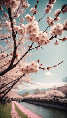 Cherry blossom trees along river in japan